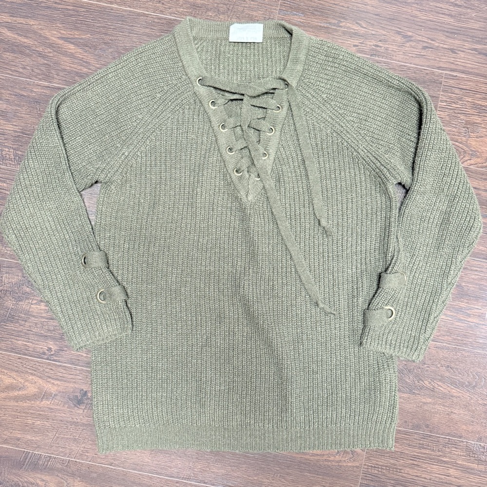 SADIE & LOVE HUNTER GREEN LACE UP V NECK SWEATER